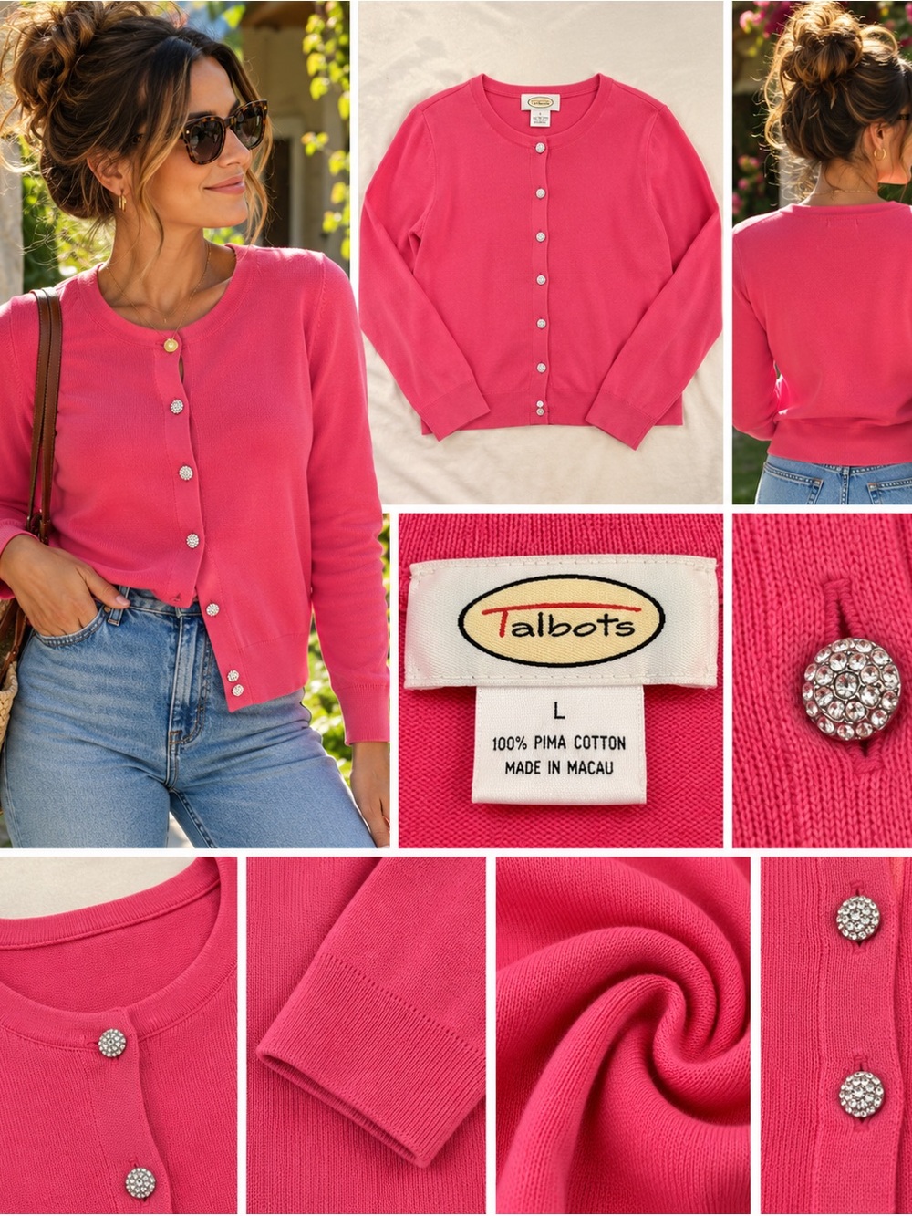 Talbots Pink Pima Cotton Rhinestone Button Cardigan Large Y2K